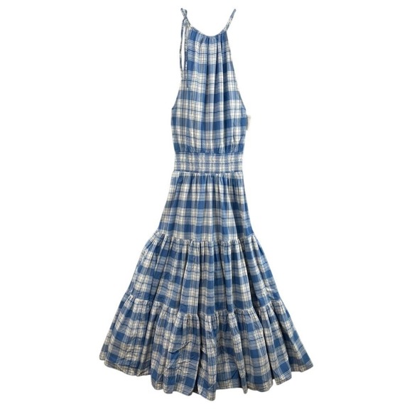 New Polo Ralph Lauren Dress Sz 6 Blue Plaid Smocked Halter Tiered Midi Cotton - Picture 12 of 13